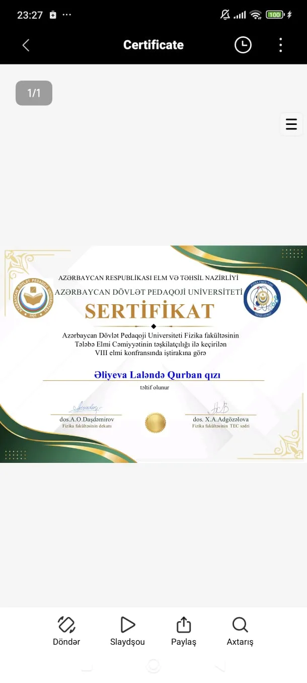 Azərbaycan Dövlət Pedaqoji Universitetinin Fizika Fakültəsinin VIII elmi konfransı sertifikatı